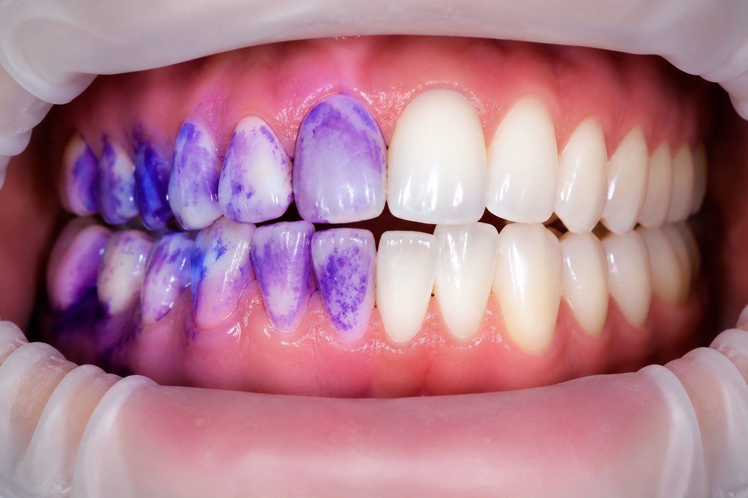 Biofilm evidenziato dal rivelatore di placca: colorato a sinistra, denti puliti a destra